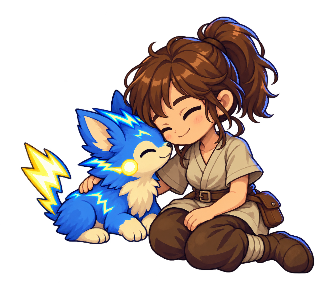 A young adventurer sits beside a resting blue Storm-Pup, the two pressing their heads together