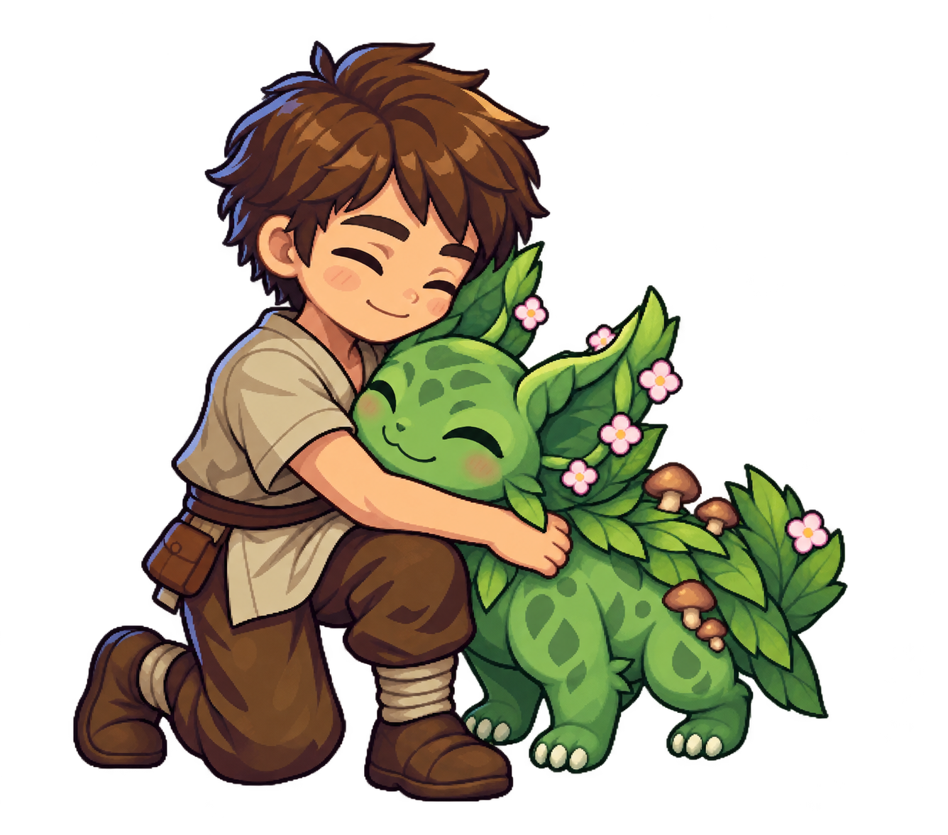 A young adventurer kneels to hug a leafy green Primekin, both smiling with eyes closed